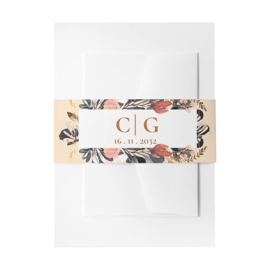 Monogram & Datum Blush en Black Floral Wedding Uitnodigingen Wikkel (Voorkant Voorbeeld)