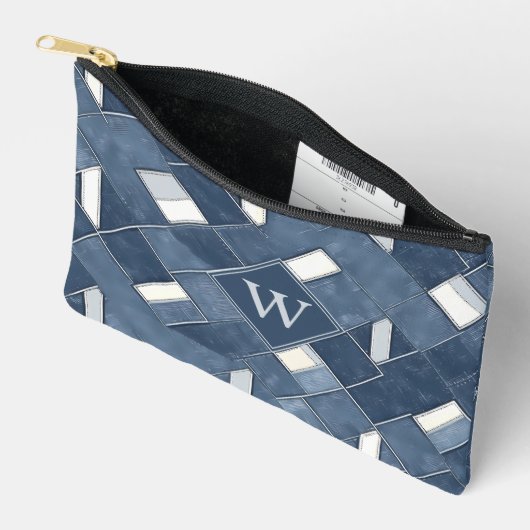 Monogram Denim Blauwe en Witte Patchwork Rooster Etui (Open)