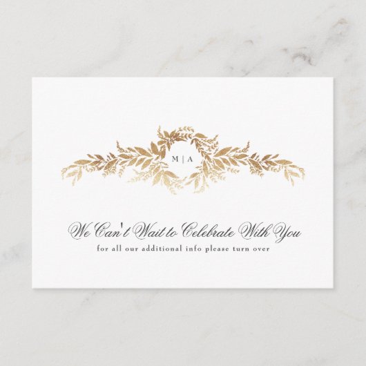 monogram details elegant gold botanical wedding informatiekaartje (Voorkant)