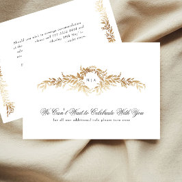 monogram details elegant gold botanical wedding informatiekaartje