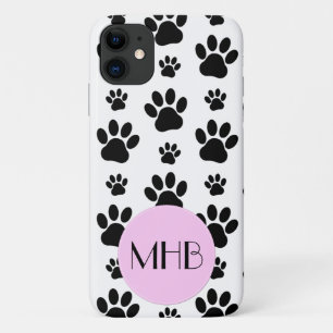 Monogram - Dog Paws, Animal Paws - Black White iPhone 11 Hoesje