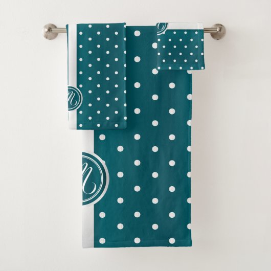 Monogram donker Blauwgroen en wit pokadopatroon Bad Handdoek (Insitu)