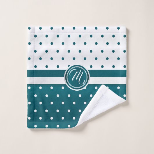 Monogram donker Blauwgroen en wit pokadopatroon Bad Handdoek (Wasdoekje)