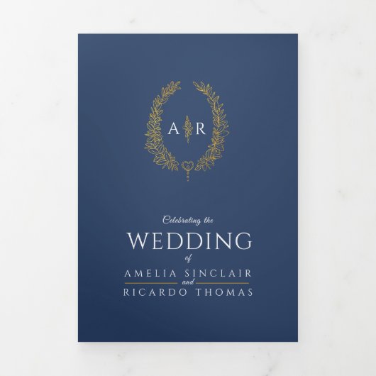 Monogram donkerblauw gouden blad bruiloft optie RS Drieluik Uitnodiging (Cover)
