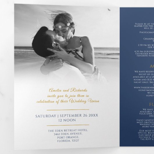 Monogram donkerblauw gouden blad bruiloft optie RS Drieluik Uitnodiging (Binnenzijde eerst)