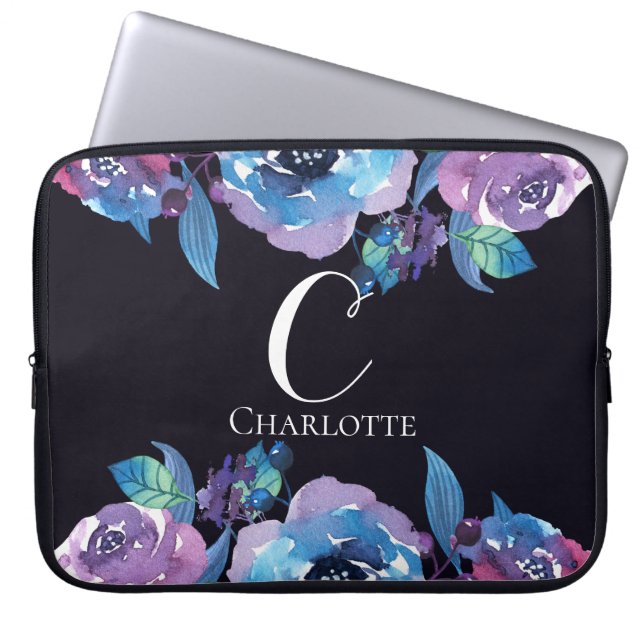 Monogram Donkerblauw met Paarse en blauwe bloemen Laptop Sleeve (Voorkant)