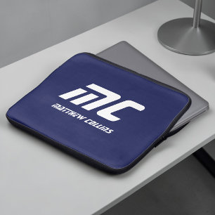 Monogram Donkerblauw Minimalistische Naam Witte Te Laptop Sleeve