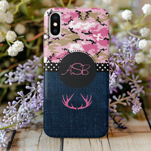 Monogram Donkerblauwe jeans Roze Antler Schattige iPhone X Hoesje