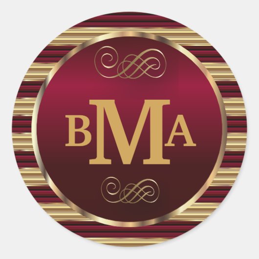 Monogram Donkerrood & Gouden Envelopverbinding Ronde Sticker (Voorkant)