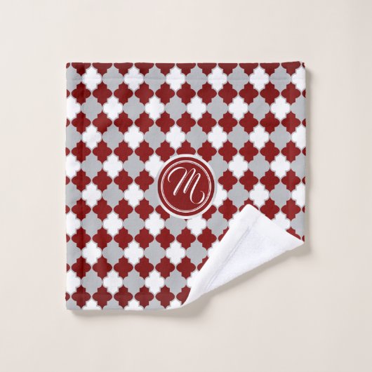 Monogram Donkerrood, Grijs en Wit Quatrefoil Bad Handdoek (Wasdoekje)