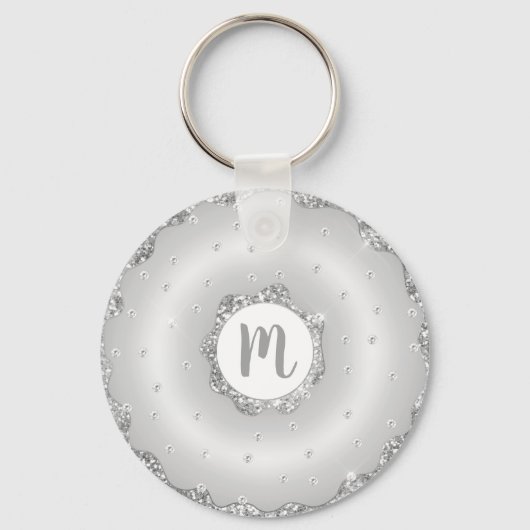 Monogram donut zilver glitter script chic girly sleutelhanger (Achterkant)