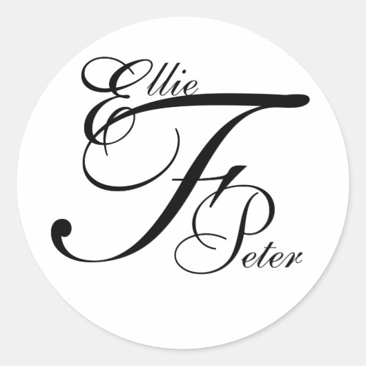 Monogram Drie Letters & Namen Bruiloft Sticker (Voorkant)