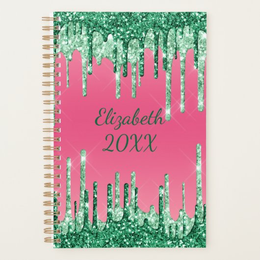 Monogram druipende glitter groene roze trendy glam planner (Voorkant)