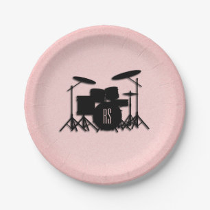 Monogram drumset muziekontwerp roze  papieren bordje