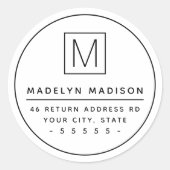 Monogram dunne grens minimale witte terugkeeradres ronde sticker (Voorkant)