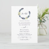 Monogram Dusty Blue Boho Floral Wedding Kaart (Staand voorkant)