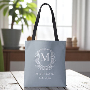 Monogram Dusty Blue Crest Botanical Wedding Draagtas