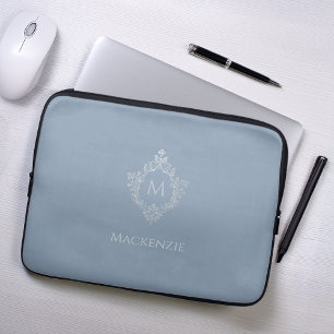 Monogram Dusty Blue Elegant Crest Faux Silver Naam Laptop Sleeve