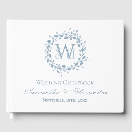 Monogram Dusty Blue Floral Wreath Wedding Gastenboek (Voorkant)