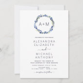 Monogram Dusty Blue Floral Wreath Wedding Kaart (Voorkant)