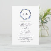 Monogram Dusty Blue Floral Wreath Wedding Kaart (Staand voorkant)