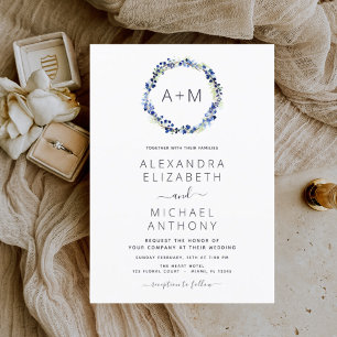 Monogram Dusty Blue Floral Wreath Wedding Kaart