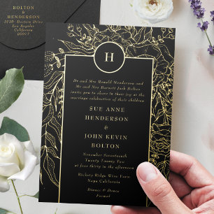 Monogram Editable Black Tuxedo Gold Wreath Wedding Folie Uitnodiging