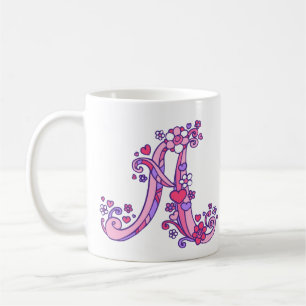 Monogram Een hart en bloemen roze paarse mok