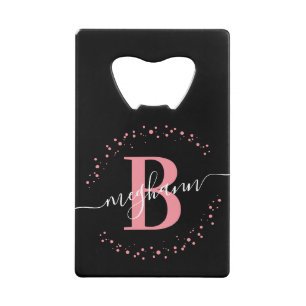 Monogram eenvoudig Girly Pink Zwarte Naam Kredietkaart Flessenopener