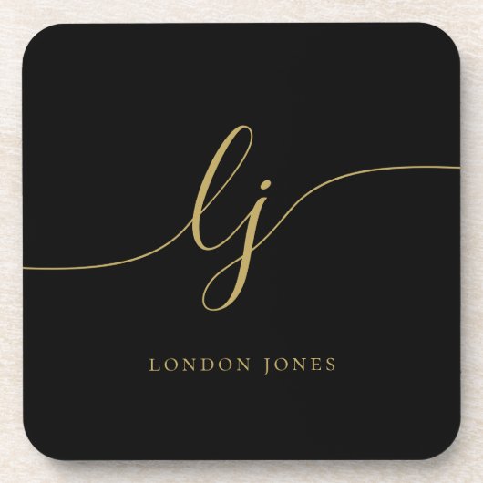 Monogram eenvoudige elegante kalligrafie zwart gou bier onderzetter (Voorkant)