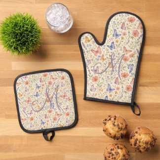 Monogram Eerste Letter Bloemen Vlinders Cadeau Ovenwant & Pannenlap Set