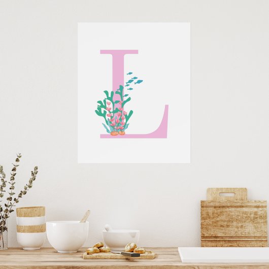 Monogram Eerste Letter L Monogram Roze Teal Koraal Poster (Keuken)