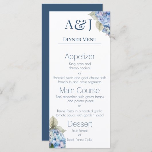 Monogram Eerste Letters Blauwe Hydrangea Bloemen Menu (Voorkant / Achterkant)