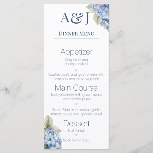 Monogram Eerste Letters Blauwe Hydrangea Bloemen Menu (Voorkant)
