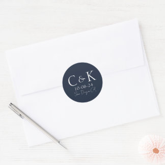 Monogram Eerste Letters Marineblauwe Huwelijk Ronde Sticker
