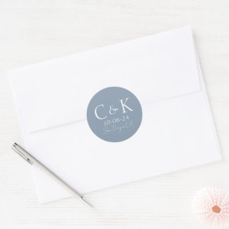 Monogram Eerste Letters Stofblauw Trouwen Ronde Sticker