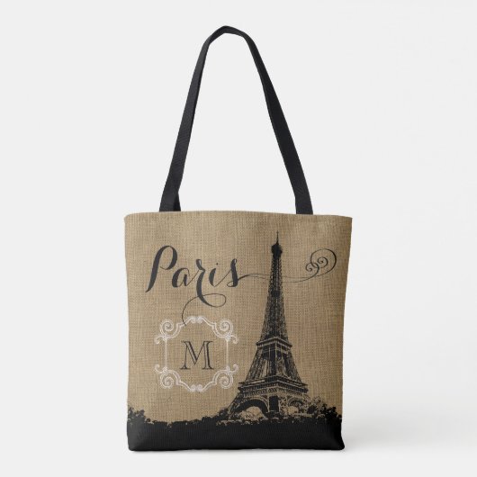Monogram Eiffel Tower Tan Burlap Draagtas (Achterkant)