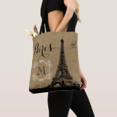 Monogram Eiffel Tower Tan Burlap Draagtas (Dichtbij)