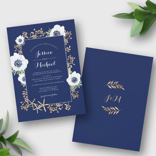 Monogram Elegant Anemone Flower Navy Blue Wedding Kaart