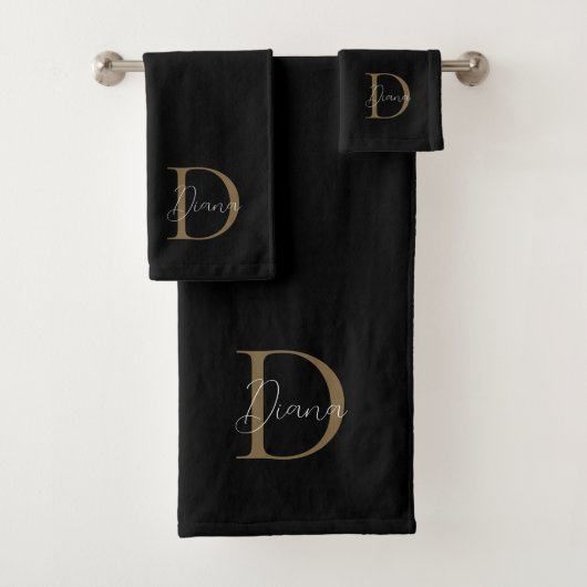 Monogram Elegant Black and Gold Script Bad Handdoek (Insitu)