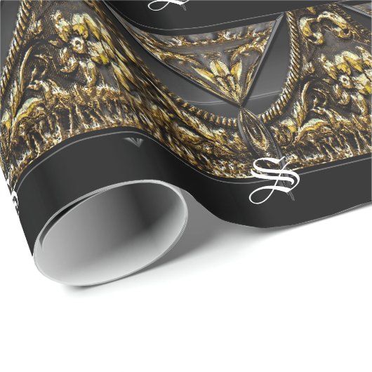 Monogram Elegant Black and Gold Trim Cadeaupapier (Rol Hoek)