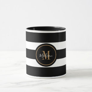 Monogram Elegant Black and White Stripes Script Mok