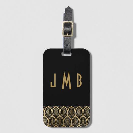Monogram Elegant Black en Gold Art Deco Gatsby Bagagelabel (Voorkant (verticaal))