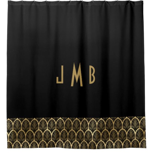Monogram Elegant Black en Gold Art Deco Gatsby Douchegordijn (Voorkant)
