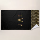 Monogram Elegant Black en Gold Art Deco Gatsby Strandlaken (Voorkant)