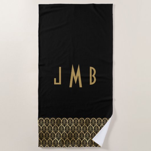 Monogram Elegant Black en Gold Art Deco Gatsby Strandlaken (Voorkant)
