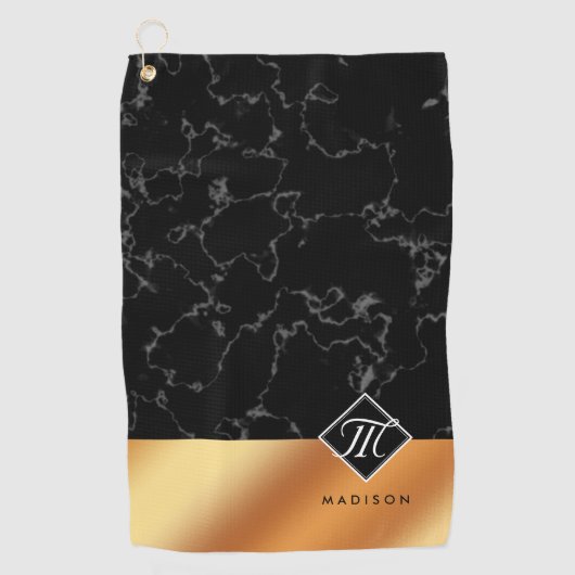 Monogram Elegant Black Marble & Copper Folie Golfhanddoek (Voorkant)