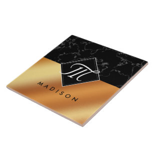 Monogram Elegant Black Marble & Copper Folie Tegeltje