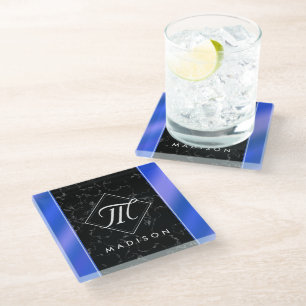 Monogram Elegant Black Marble & Royal Blue Folie Glazen Onderzetter