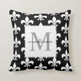 Monogram Elegant Black White Fleur de lis Pattern Kussen
